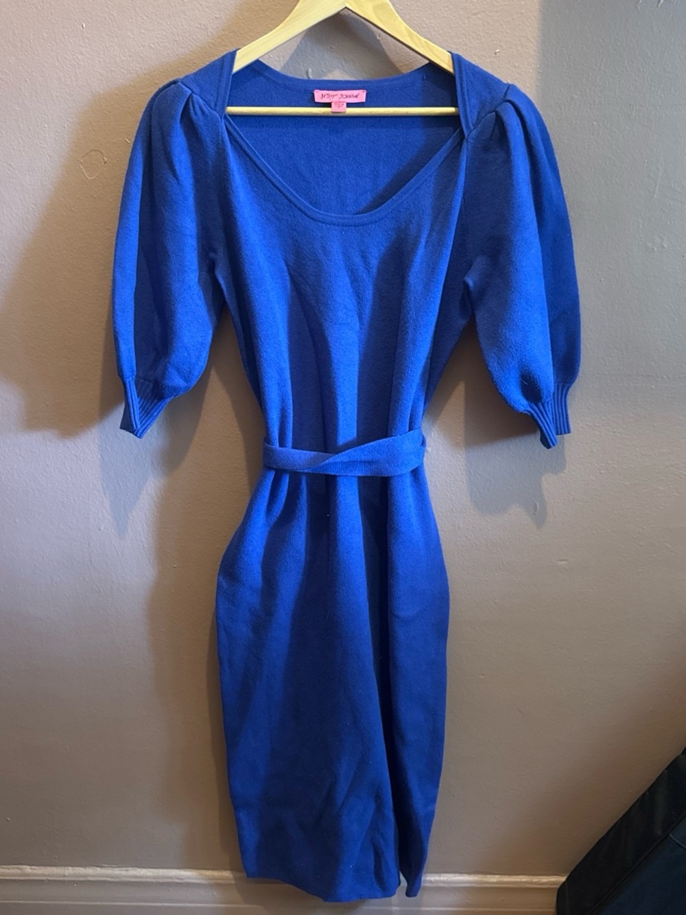Betsey Johnson Cobalt Blue Puff-Sleeve Midi Dress with Waist Tie